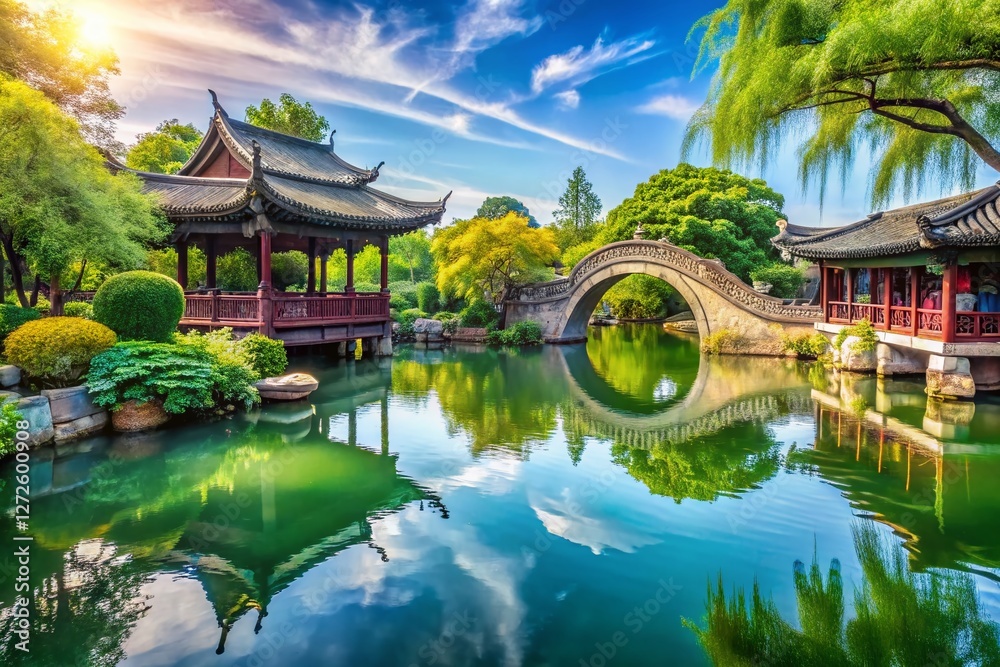 Serene Suzhou Gardens: Picturesque Bridges, Azure Sky, and Calm Lakes Serene Suzhou Gardens: Picturesque Bridges, Azure Sky, and Calm Lakes