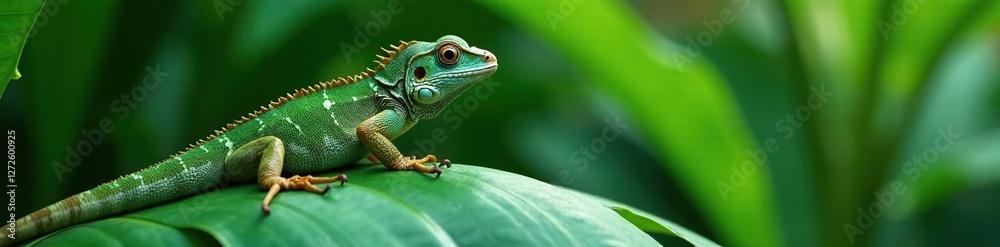Fototapeta premium Iguane sur les feuilles du bas de un cocotier, tropical, leaves