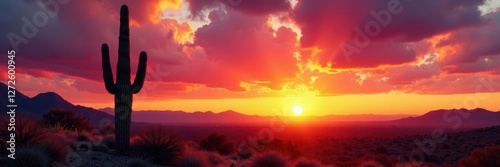 Lone saguaro cactus against a vibrant sunset sky, orange, arid photo