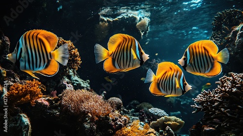 Fototapeta Naklejka Na Ścianę i Meble -  Tropical fish schooling coral reef aquarium background