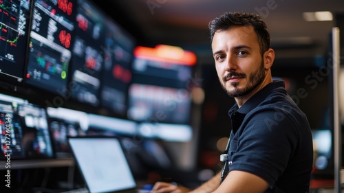 Portrait of a focused F1 race engineer in a high-tech control room, monitoring performance data and strategizing for optimal race outcomes.