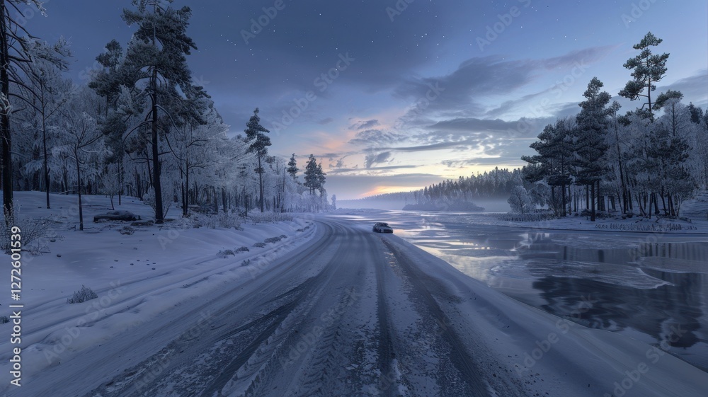 Obraz premium A serene winter landscape featuring an icy empty track alongside a frozen river, surrounded by snow-laden trees and a pastel twilight sky.