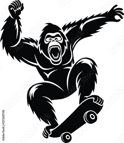 Fierce gorilla performing an extreme skateboarding silhouette vector art, Black color fierce gorilla performing an extreme skateboarding trick line art vector illustration
