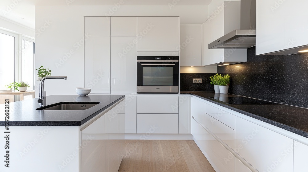 Fototapeta premium Modern white kitchen with black countertops, island, and appliances
