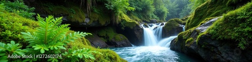 Ferns and moss clinging to the rocks at Ushuaia's waterfall, moss, landscape, greenery