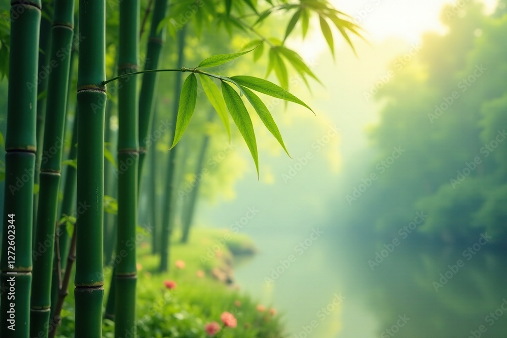 Obraz premium Soft bamboo stalks sway gently in morning breeze, sunlight, misty, serene