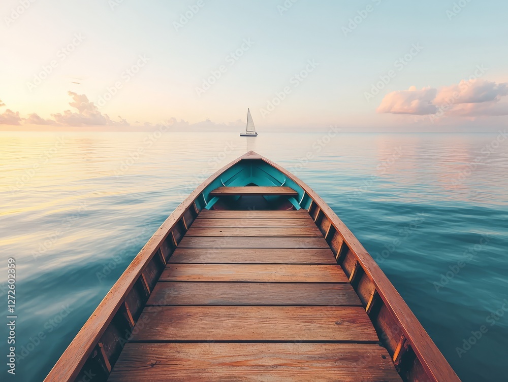 Serene view from a wooden boat at sunrise on calm waters with distant sailboat Serene view from a wooden boat at sunrise on calm waters with distant sailboat