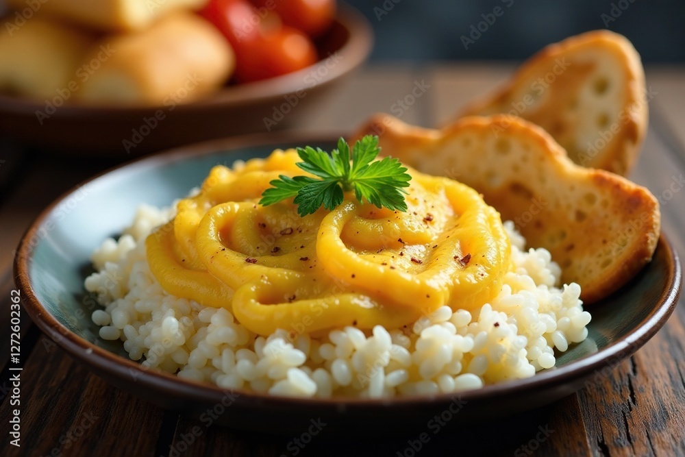 Steaming hot Fettah with crispy bread and rice, fettah, bread Steaming hot Fettah with crispy bread and rice, fettah, bread