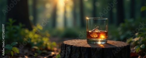Dark forest with a glass of whisky on a wooden stump, Solitude, Wood