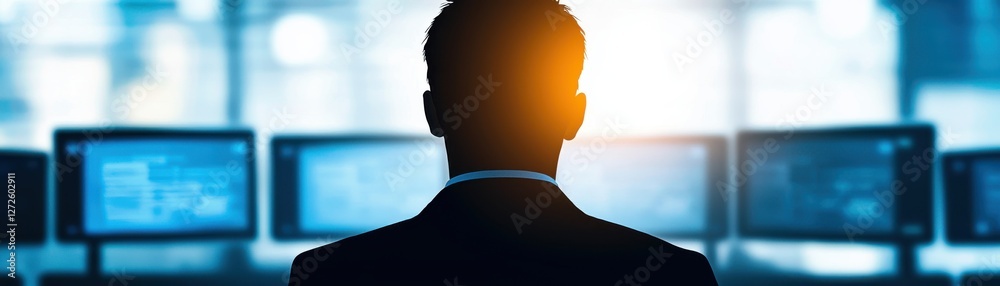 Fototapeta premium silhouette screen front person computer concept. Silhouette of a man in front of multiple screens, creating a sense of technology and analysis in a modern workspace.