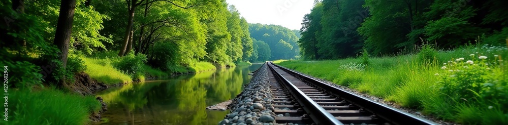 Steel rails weave through lush greenery, framing a serene lake, greenery, scenery Steel rails weave through lush greenery, framing a serene lake, greenery, scenery