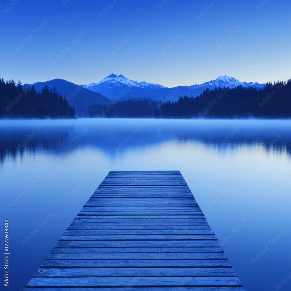 Serene wooden dock extending into a calm lake surrounded by misty mountains at dusk Serene wooden dock extending into a calm lake surrounded by misty mountains at dusk