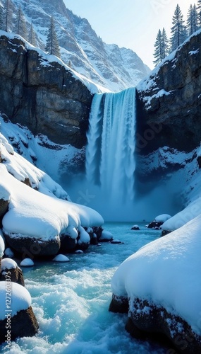 Icy spray freezes into delicate crystals on Wapama Falls, crystal, mountain photo