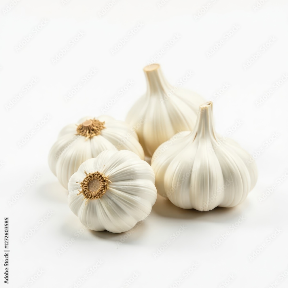 Obraz premium Several pristine white garlic bulbs, isolated on white , vegetable, fresh