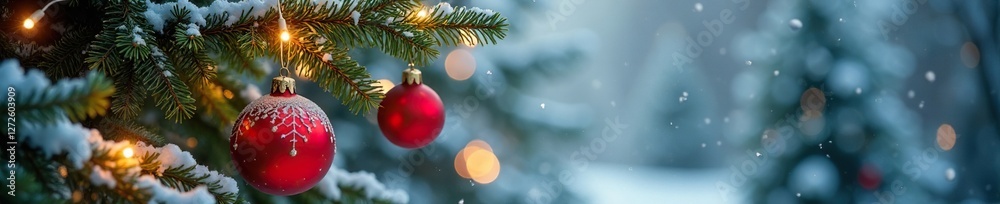 Red and green fir branches intertwined with icicle-like ornaments hanging from twinkling string lights, snowy scene, wintery wonderland