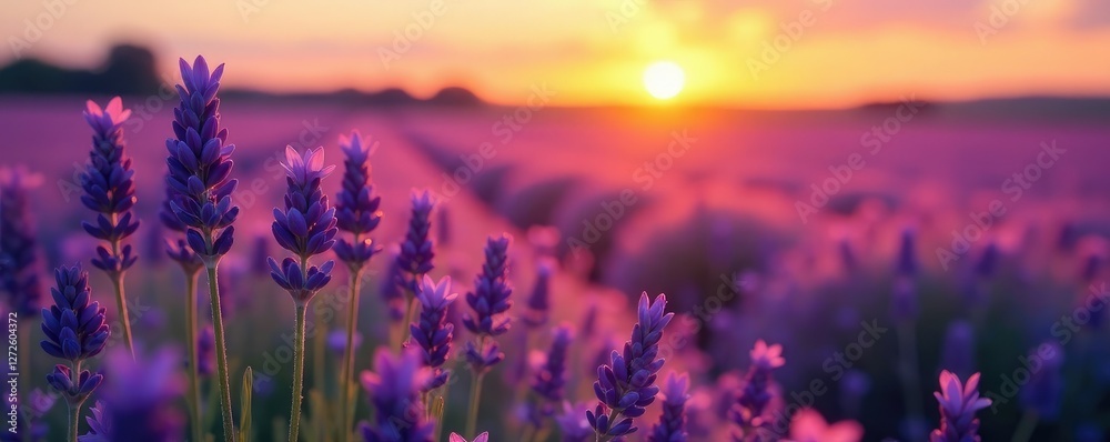 Fototapeta premium Softly glowing lavender flowers in a vast field at sunset, warm, blossoms, blooming