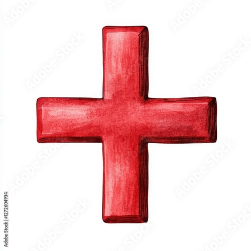 Red Watercolor Plus Sign Isolated on White Background