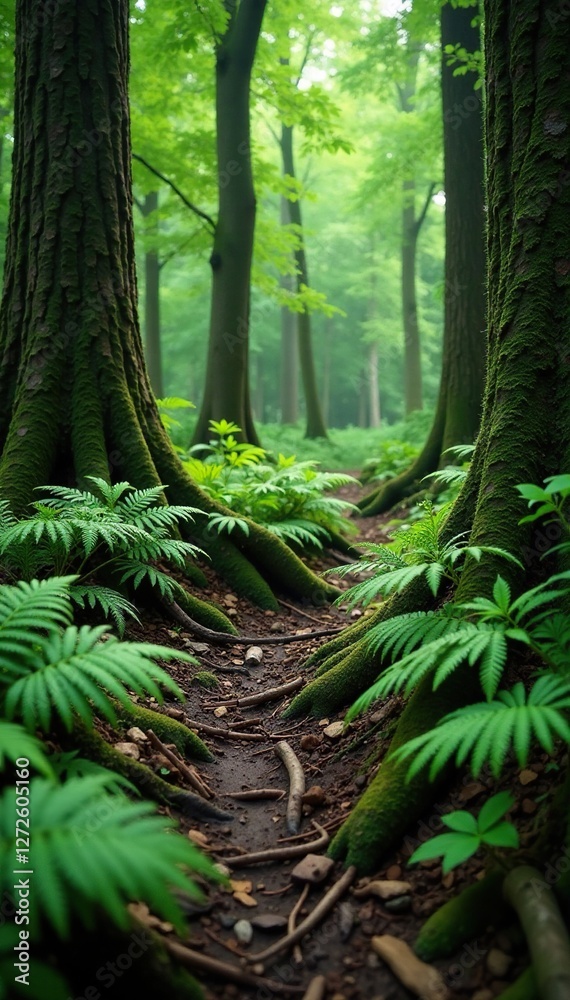 Fern thickets amidst tree roots and decaying wood, forest floor, ferns Fern thickets amidst tree roots and decaying wood, forest floor, ferns