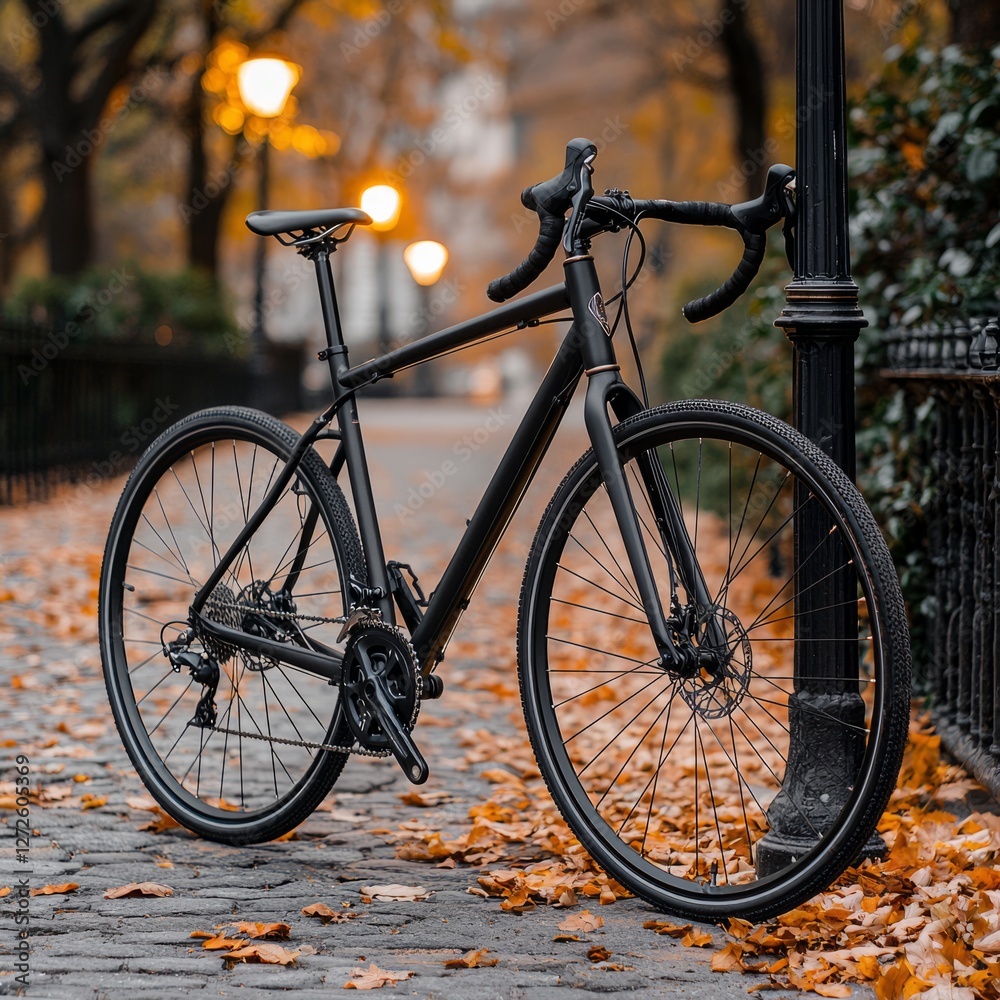 Fototapeta premium Sleek black bicycle parked on a cobblestone path surrounded by autumn foliage