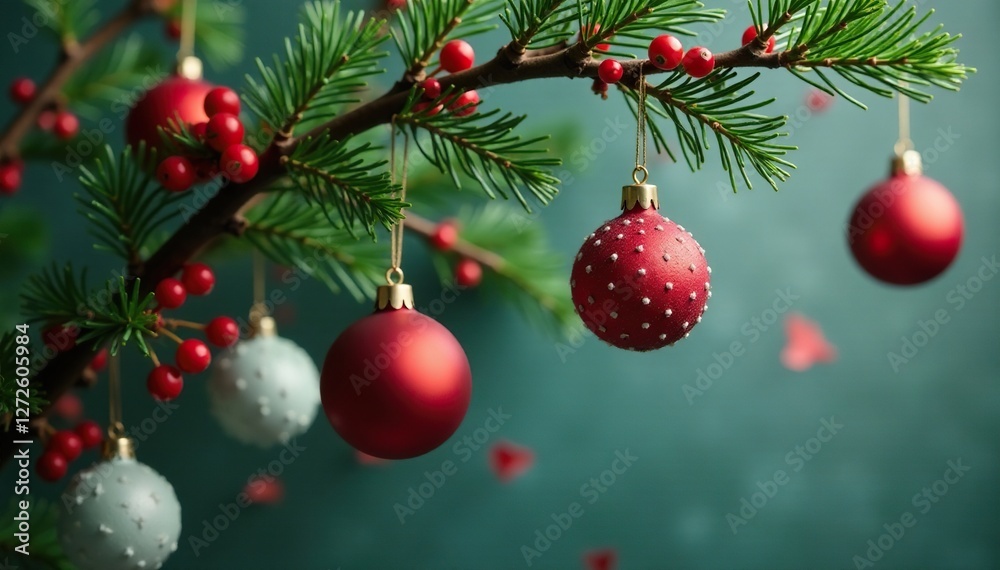 Red and white ornaments hanging from a mistletoe-covered branch, mistletoe, seasonal Red and white ornaments hanging from a mistletoe-covered branch, mistletoe, seasonal
