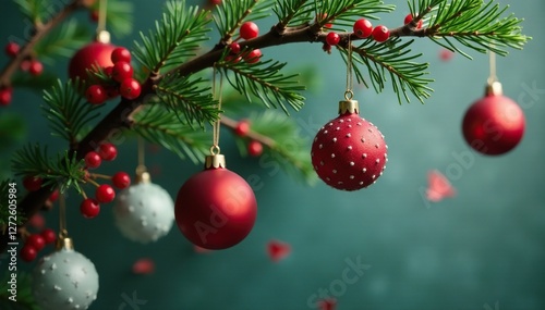 Red and white ornaments hanging from a mistletoe-covered branch, mistletoe, seasonal