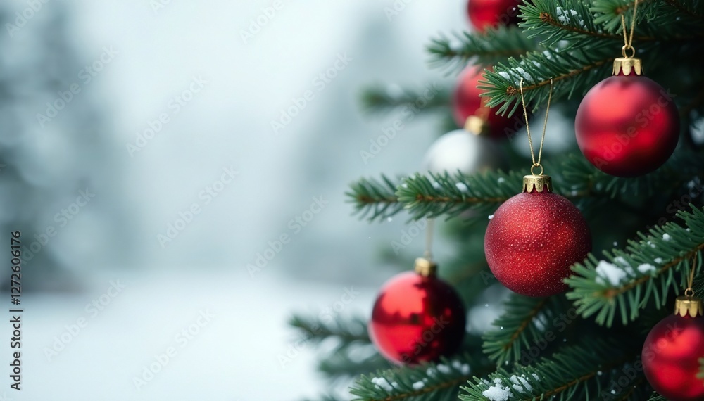Red and silver spherical ornaments on an evergreen tree against a white snowy backdrop, holiday decorations, silver balls Red and silver spherical ornaments on an evergreen tree against a white snowy backdrop, holiday decorations, silver balls