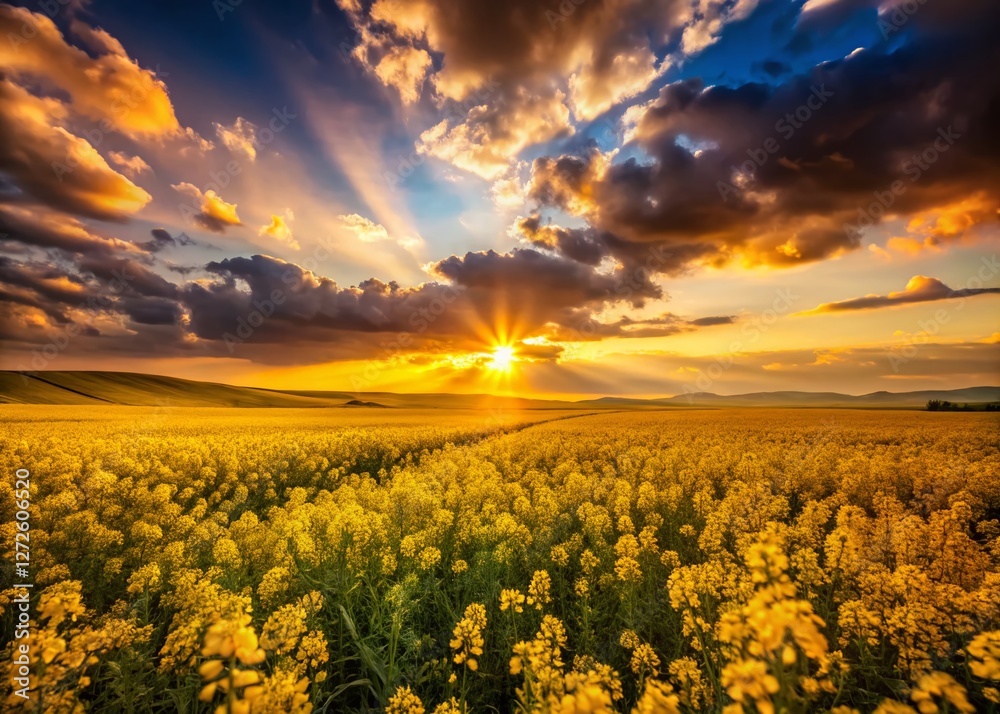 Obraz premium Silhouetted Canola Flowers at Sunset - Vibrant Blooming Field