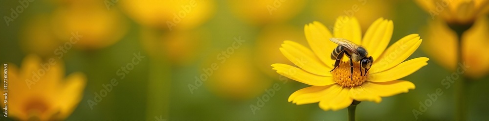Bee landing on a bright yellow flower in a garden filled with blooming flowers, petals, yellow, blooming flowers Bee landing on a bright yellow flower in a garden filled with blooming flowers, petals, yellow, blooming flowers