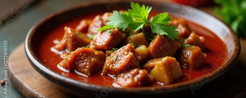 Beef tenderly cooked in a rich, flavorful sauce, rendang, stew
