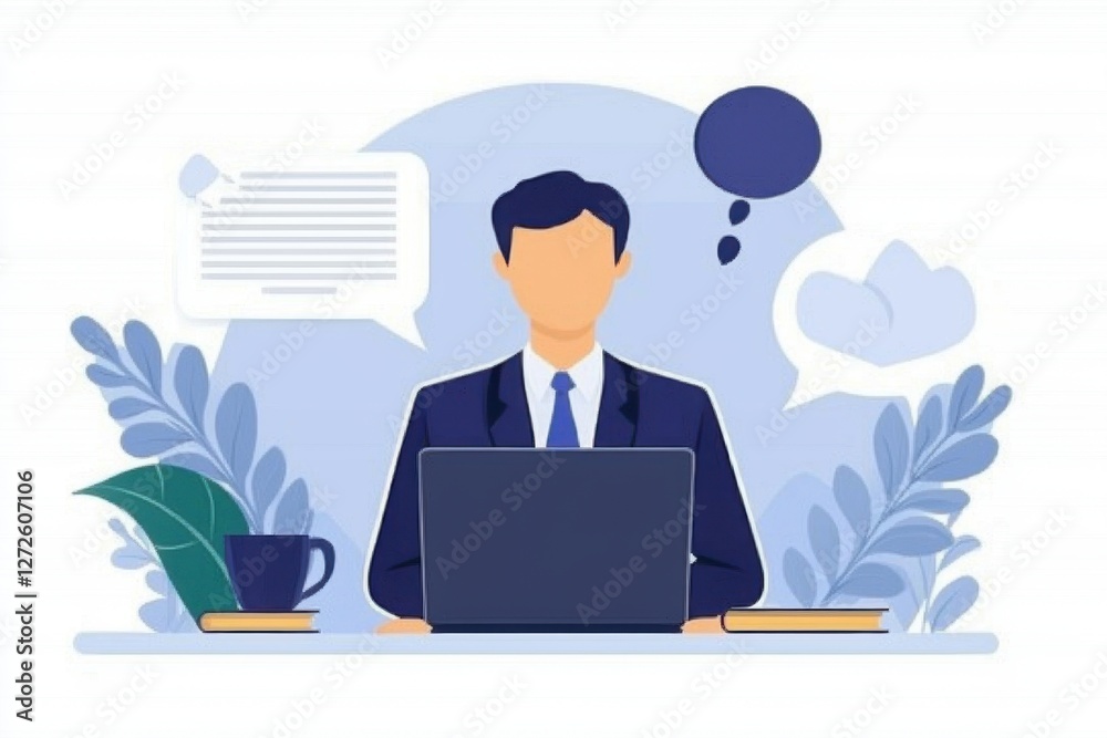 Storytelling in branding builds trust. Business professional working on a laptop with thought bubbles and plants. Storytelling in branding builds trust. Business professional working on a laptop with thought bubbles and plants.