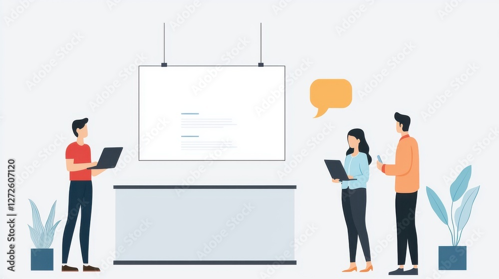 Storytelling in branding builds trust. Modern workspace with three people collaborating on digital devices. Storytelling in branding builds trust. Modern workspace with three people collaborating on digital devices.