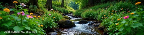 Ferns and wildflowers surrounding a babbling brook, stream, plants