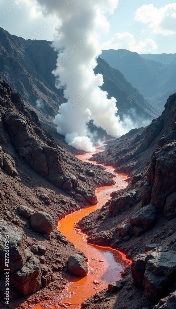 Naklejka premium Steaming rock formations amidst volcanic landscape, earthy, rocks, abstract