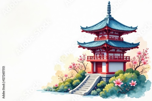 Whimsical watercolor pagoda, spring blossoms, white background , art, white, season