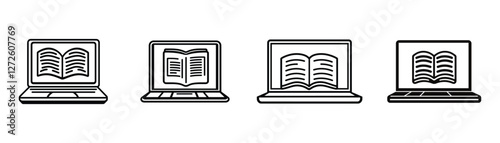 Minimalist vector icon of an open book on a laptop screen, silhouette, outline, vector, illustration, isolated on a white background