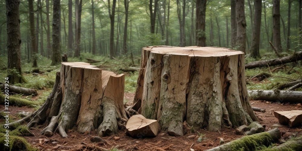 Forest Floor Tree Stump Scene Two weathered tree stumps sit side-by-side, surrounded by fallen branches and a soft carpet of pine needles and moss, in a serene woodland setting.