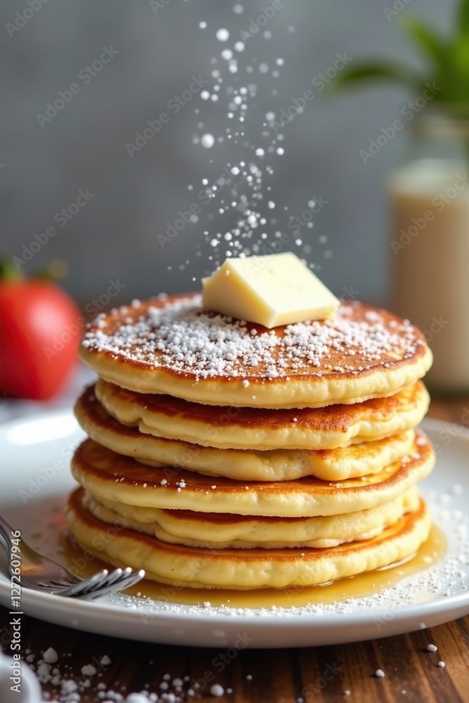 Stack of fluffy pancakes with a sprinkle of powdered sugar on top, breakfast, fluffy Stack of fluffy pancakes with a sprinkle of powdered sugar on top, breakfast, fluffy