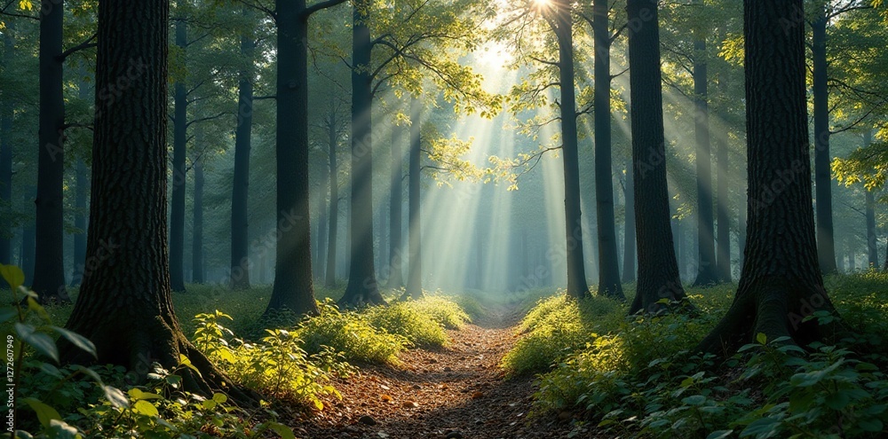 Fototapeta premium Straight trunks rising from dense undergrowth, forest floor, bare branches