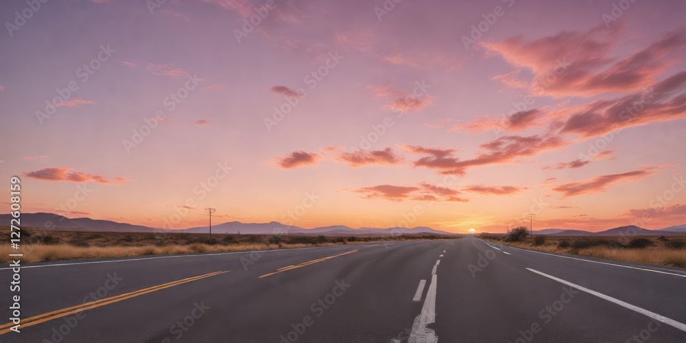 Naklejka premium A scenic highway stretches towards a breathtaking sunset, painted in hues of pink and orange across the vast, tranquil landscape