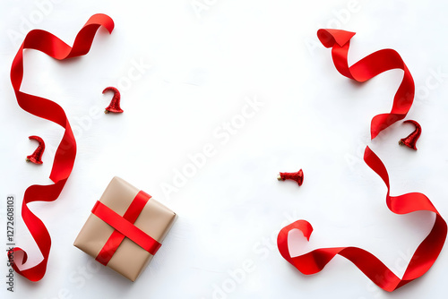 Festive gift, red ribbon, white background. Holiday card design