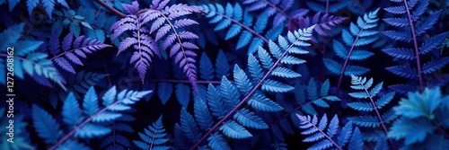 Fern fronds and leaves in shades of blue violet scattered on the ground, foliage, natural, botanical photo