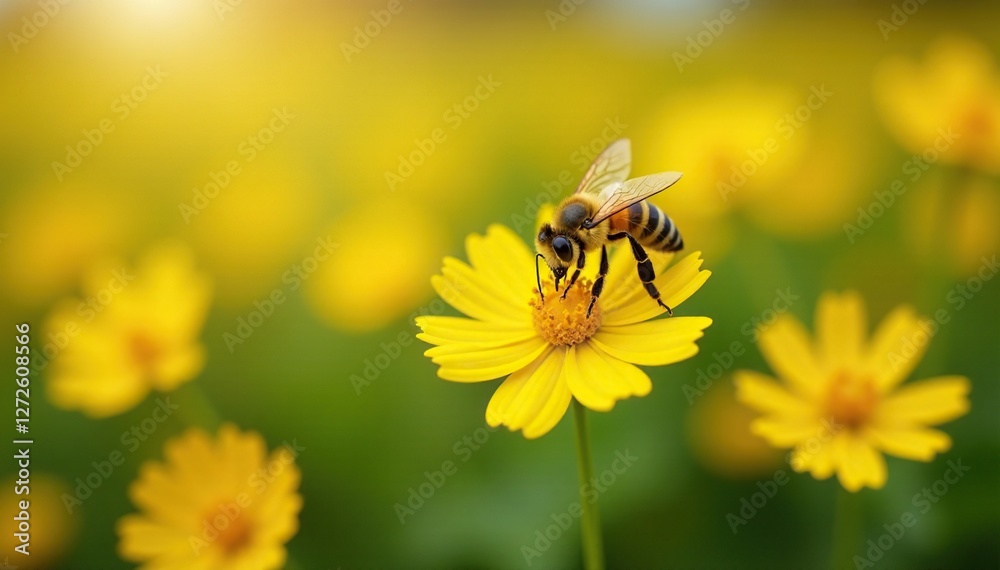 Bee's proboscis collecting nectar from yellow flowers, field, flowers, flowers