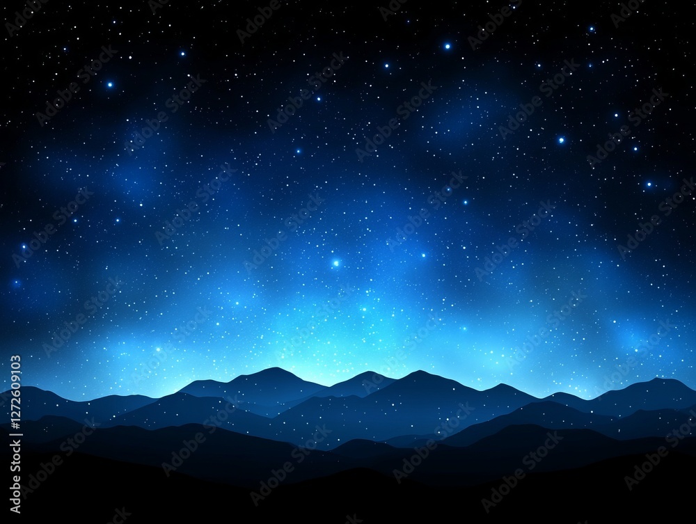 Starry night sky over mountain range with deep blue hues and twinkling stars Starry night sky over mountain range with deep blue hues and twinkling stars