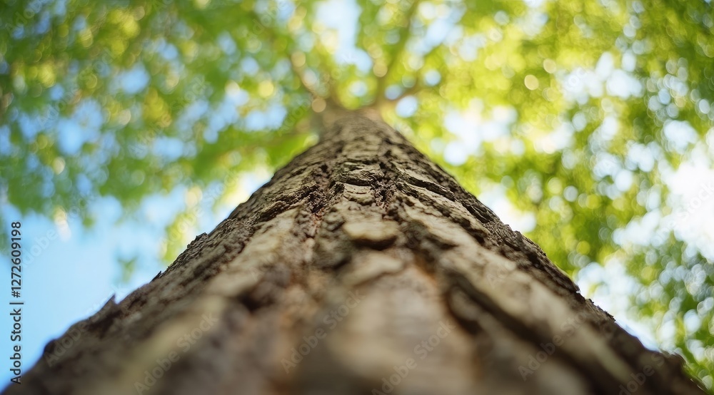 Upward view of a tree trunk with lush green leaves and blue sky Upward view of a tree trunk with lush green leaves and blue sky