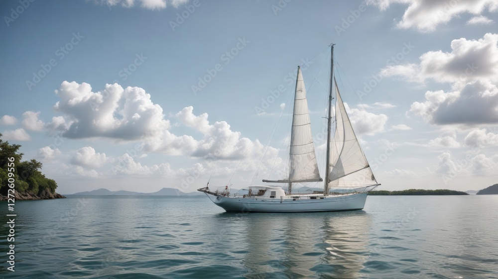Serene Sailboat Gliding Across Calm Ocean Waters Under a Sky Adorned with Puffy White Clouds Serene Sailboat Gliding Across Calm Ocean Waters Under a Sky Adorned with Puffy White Clouds