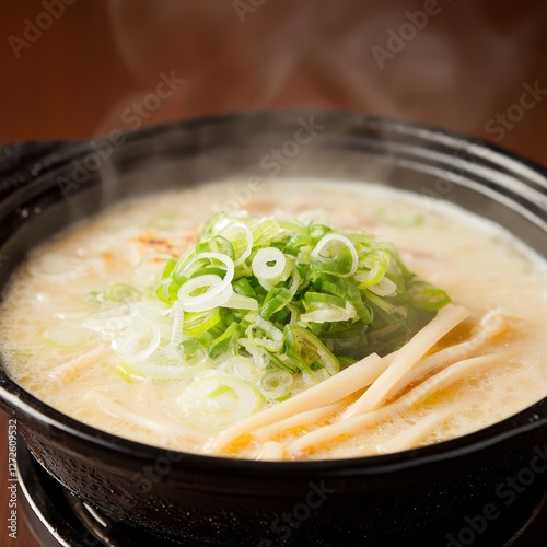 Steaming Japanese Ramen in Pot, Restaurant Setting