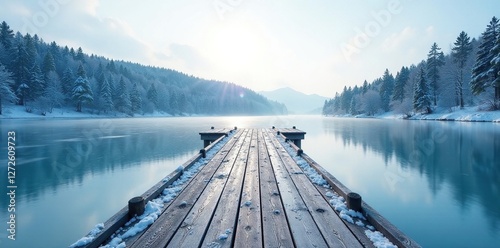 Wooden pier with a frozen lake and snow-covered trees, cold weather, ice,