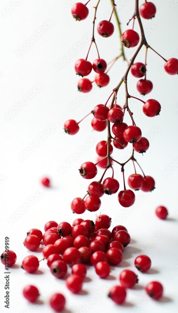 Falling barberry on white background, with berries scattered all over the surface, background, photography Falling barberry on white background, with berries scattered all over the surface, background, photography