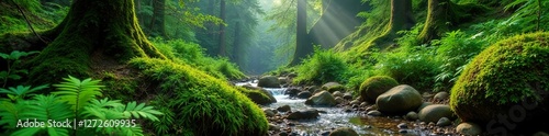 Ferns trees vines cling rocky slope Lynn Valley BC moss greenery, nature, moss