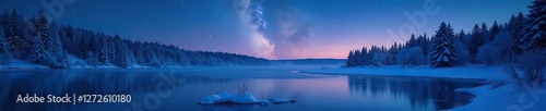 Starry night scene with a frozen lake and snowy trees, starry night, frosty, peaceful
